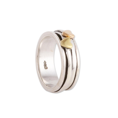 Sterling silver spinner ring, 'Traveling Hearts' - Heart Motif Sterling Silver and Brass Spinner Ring