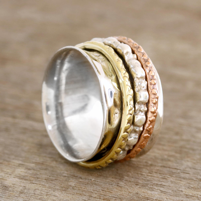 Sterling silver spinner ring, 'Mesmerizing Triple' - Textured Sterling Silver Spinner Ring from India