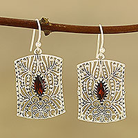 Garnet dangle earrings, 'Gorgeous Frames' - Openwork Pattern Garnet Dangle Earrings from India