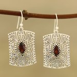 Garnet dangle earrings, 'Gorgeous Frames' - Openwork Pattern Garnet Dangle Earrings from India