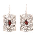 Garnet dangle earrings, 'Gorgeous Frames' - Openwork Pattern Garnet Dangle Earrings from India