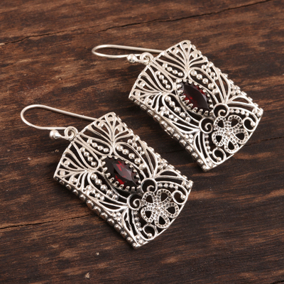 Garnet dangle earrings, 'Gorgeous Frames' - Openwork Pattern Garnet Dangle Earrings from India