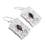 Garnet dangle earrings, 'Gorgeous Frames' - Openwork Pattern Garnet Dangle Earrings from India