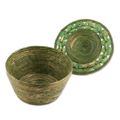 Recycled paper decorative basket, 'Eco Green' - Green Recycled Paper Decorative Basket from India