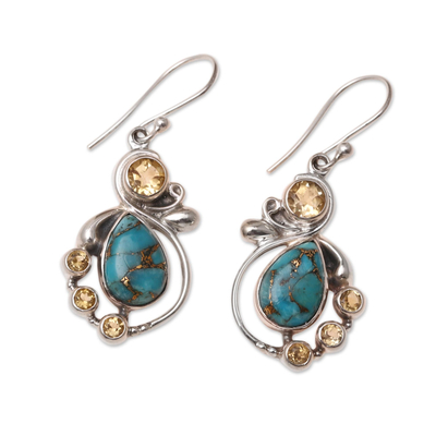 Citrine dangle earrings, 'Exquisite' - Citrine and Composite Turquoise Dangle Earrings from India