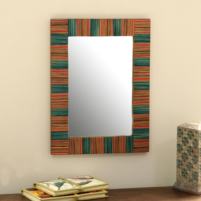 Mango wood wall mirror, 'Colorful Stripes' - Colorful Striped Mango Wood Wall Mirror from India