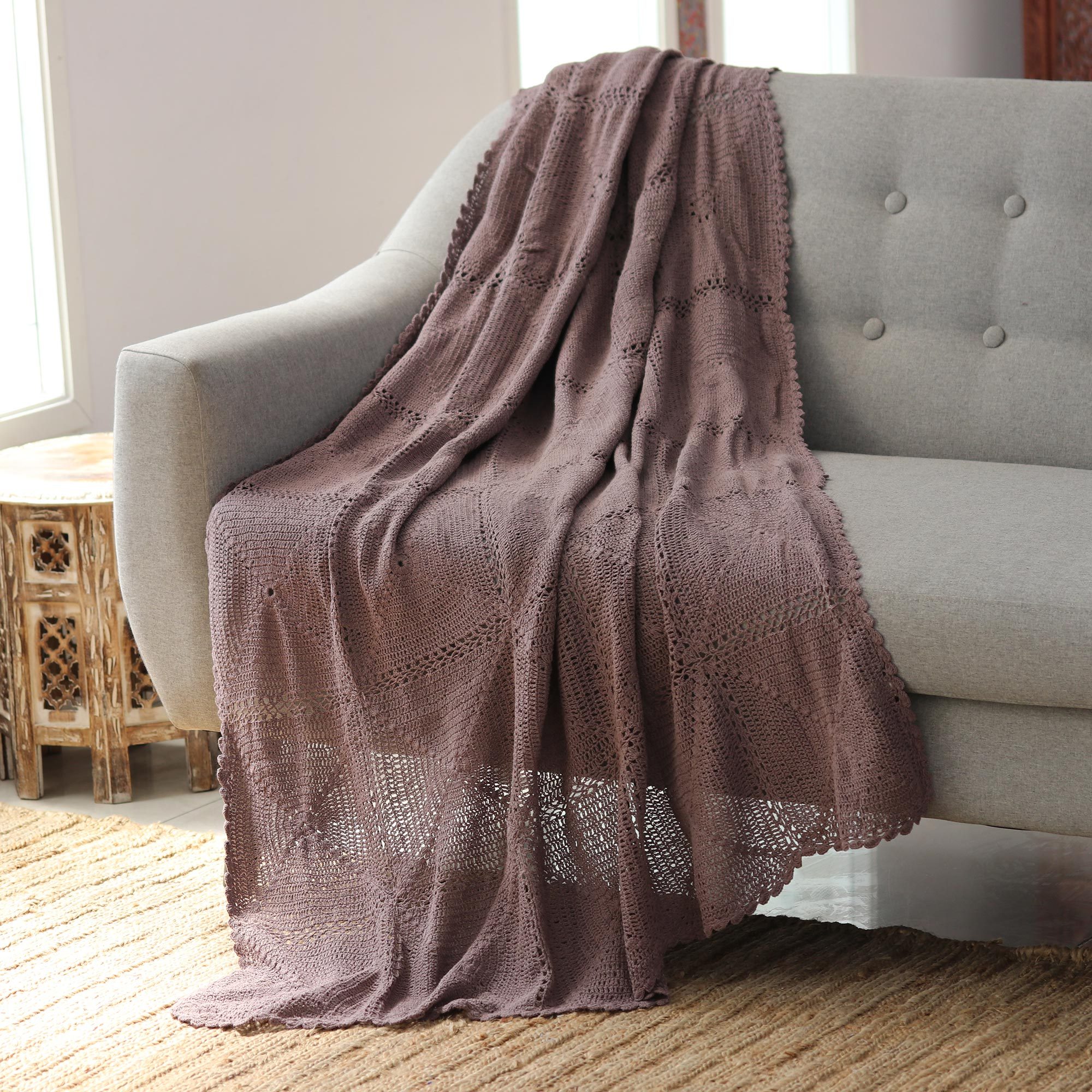 Crocheted Mauve Cotton Throw Blanket from India Comfort Muse in Mauve