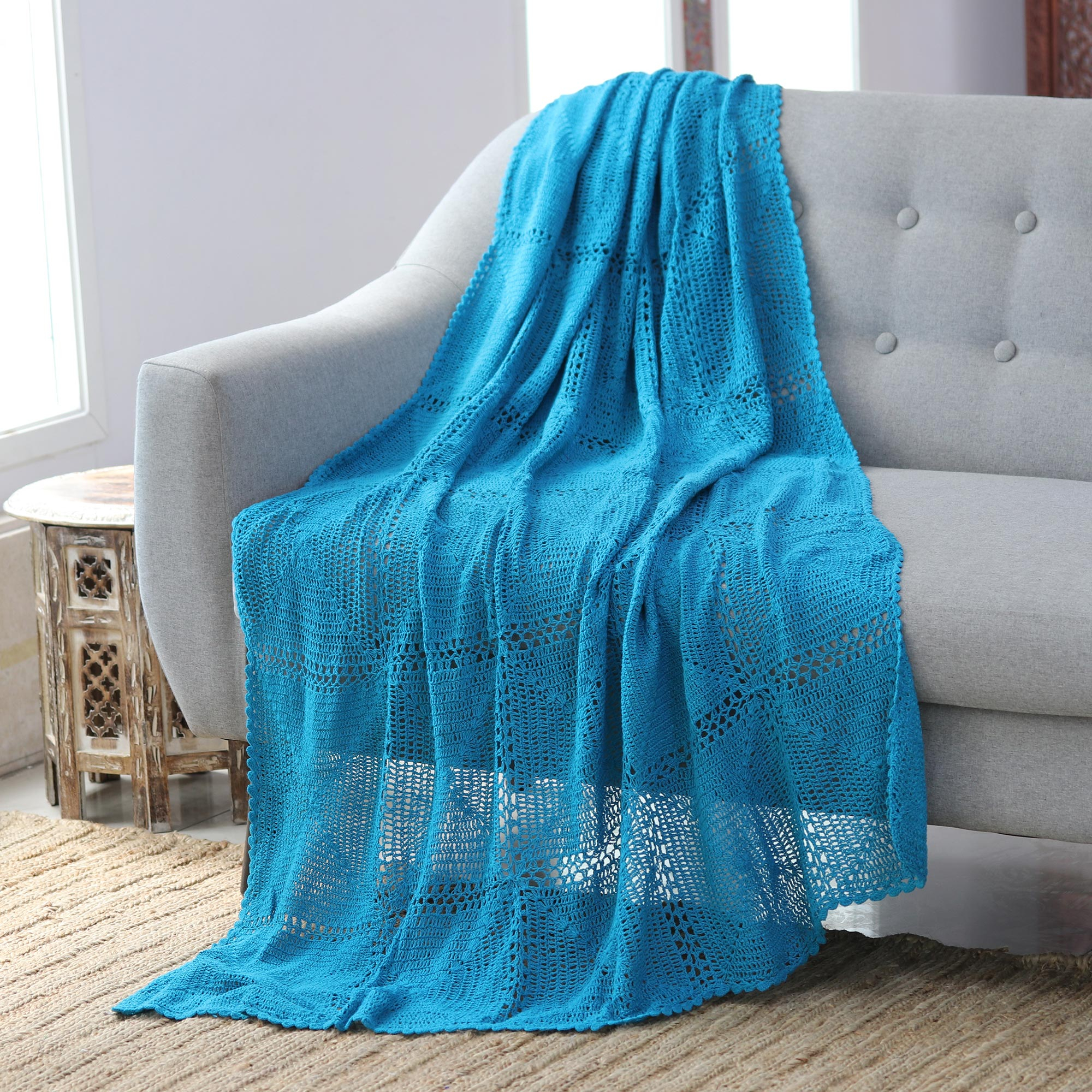 Crocheted Turquoise Cotton Throw Blanket from India - Comfort Muse in ...