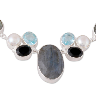 Multi-gemstone pendant necklace, 'Entrancing Night' - Entrancing Multi-Gemstone Pendant Necklace from India