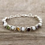Multi-gemstone tennis bracelet, 'Sparkling Grace' - Cultured Pearl and Multi-Gem Tennis Bracelet from India