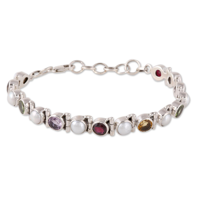 Multi-gemstone tennis bracelet, 'Sparkling Grace' - Cultured Pearl and Multi-Gem Tennis Bracelet from India