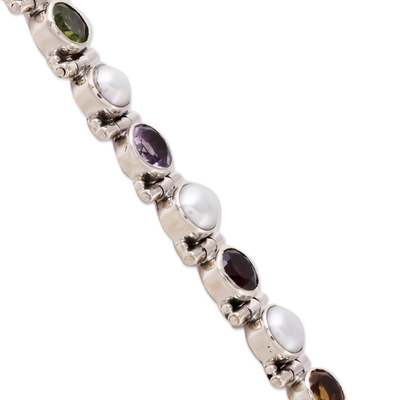 Multi-gemstone tennis bracelet, 'Sparkling Grace' - Cultured Pearl and Multi-Gem Tennis Bracelet from India