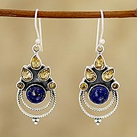 Citrine and Lapis Lazuli Dangle Earrings by Indian Artisans,'Radiant Harmony'