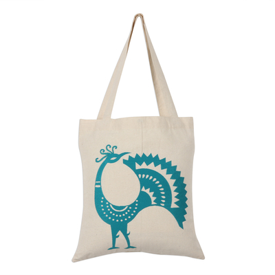 Embroidered Peacock Cotton Shoulder Bag in Teal from India