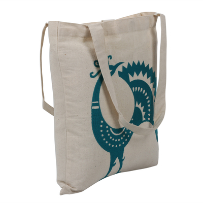 Cotton shoulder bag, 'Peacock Pose in Teal' - Embroidered Peacock Cotton Shoulder Bag in Teal from India