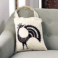 Cotton shoulder bag, Peacock Pose in Mahogany