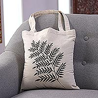Cotton shoulder bag, 'Ferny Frond in Sage' - Sage Fern Pattern Embroidered Cotton Shoulder Bag from India