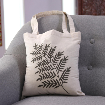 Cotton shoulder bag, 'Ferny Frond in Sage' - Sage Fern Pattern Embroidered Cotton Shoulder Bag from India