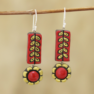 Ceramic dangle earrings, 'Creative Flowers' - Red and Golden Floral Ceramic Dangle Earrings from India