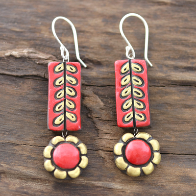Ceramic dangle earrings, 'Creative Flowers' - Red and Golden Floral Ceramic Dangle Earrings from India