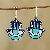 Pendientes colgantes de cerámica, 'Watchful Hamsa' - Pendientes colgantes de cerámica Hamsa Eye de la India