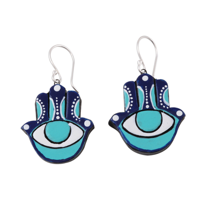 Ceramic dangle earrings, 'Watchful Hamsa' - Hamsa Eye Ceramic Dangle Earrings from India