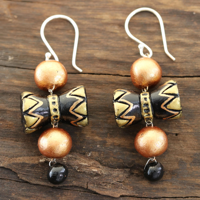 Ceramic dangle earrings, 'Damaru' - Drum-Shaped Ceramic Dangle Earrings from Indi