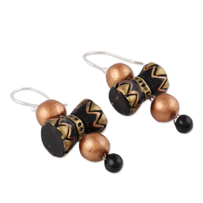 Ceramic dangle earrings, 'Damaru' - Drum-Shaped Ceramic Dangle Earrings from Indi