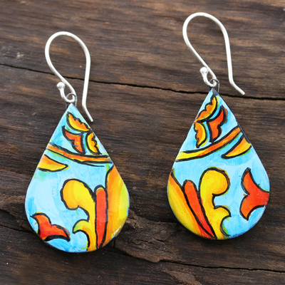 Ceramic dangle earrings, 'Song of Autumn' - Hand-Painted Teardrop Ceramic Dangle Earrings from India