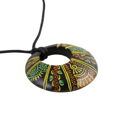 Ceramic pendant necklace, 'Madhubani Glory' - Madhubani-Style Ceramic Pendant Necklace from India