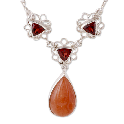 Garnet and aventurine pendant necklace, 'Dusk Glamour' - Garnet and Aventurine Pendant Necklace from India