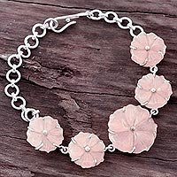 Pink Quartz Floral Link Bracelet from India,'Soft Pink Blossoms'