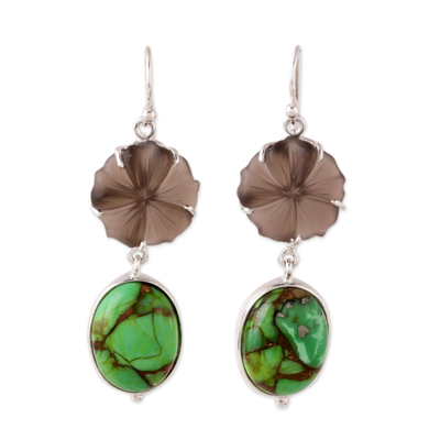 Smoky quartz dangle earrings, 'Evening Flower' - Floral Smoky Quartz and Composite Turquoise Dangle Earrings
