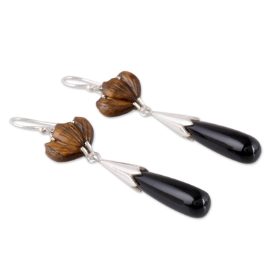 Tiger's eye and onyx dangle earrings, 'Magical Flowers' - Floral Tiger's Eye and Onyx Dangle Earrings from India