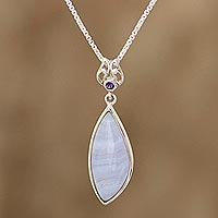 Agate and amethyst pendant necklace, 'Lacy Blue' - Agate and Amethyst Pendant Necklace from India