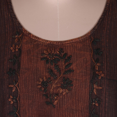 Rayon high-low tank top, 'Russet Fusion' - Sleeveless Rayon Tie-Dyed Embroidered Top