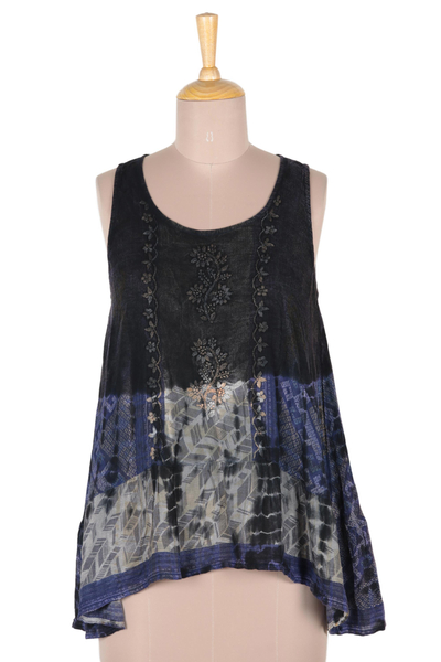 Rayon high-low tank top, 'Blue Fusion' - Tie-Dyed Blue Rayon High Low Tank Top