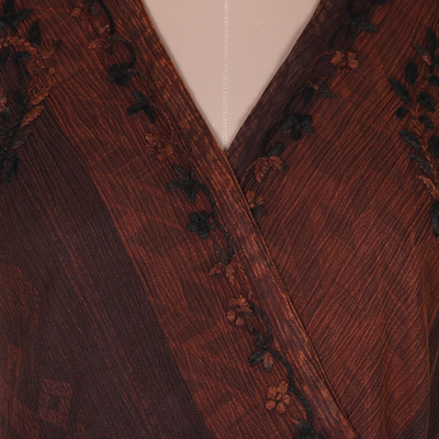 Rayon dress, 'Russet Fusion' - Russet and Graphite A-Line Wrap Dress