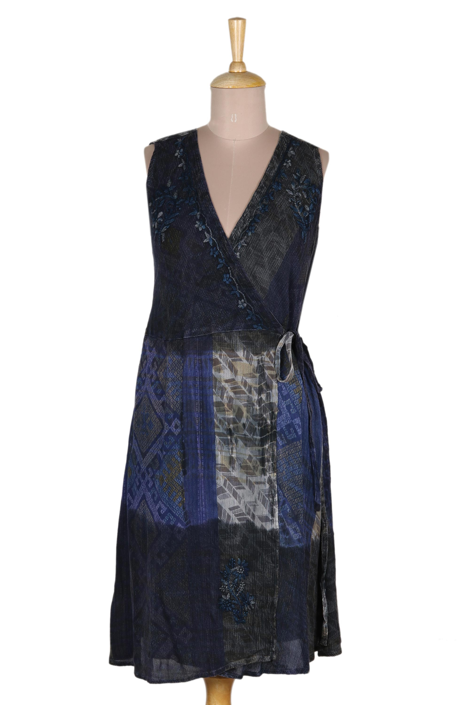 UNICEF Market | Crinkle Rayon Blue and Taupe Wrap Dress - Blue Fusion