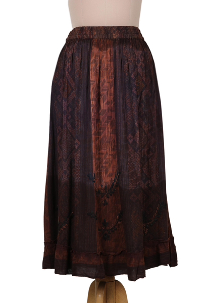 Ruffled rayon skirt, 'Russet Fusion' - Tied Dyed and Embroidered Rayon Skirt from India