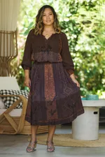 Ruffled rayon skirt, 'Russet Fusion' - Tied Dyed and Embroidered Rayon Skirt from India