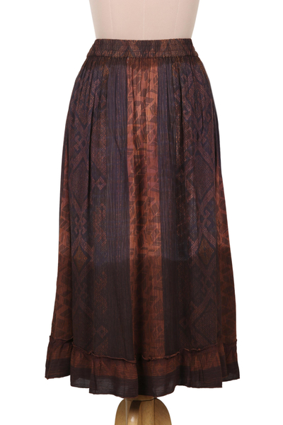 Ruffled rayon skirt, 'Russet Fusion' - Tied Dyed and Embroidered Rayon Skirt from India