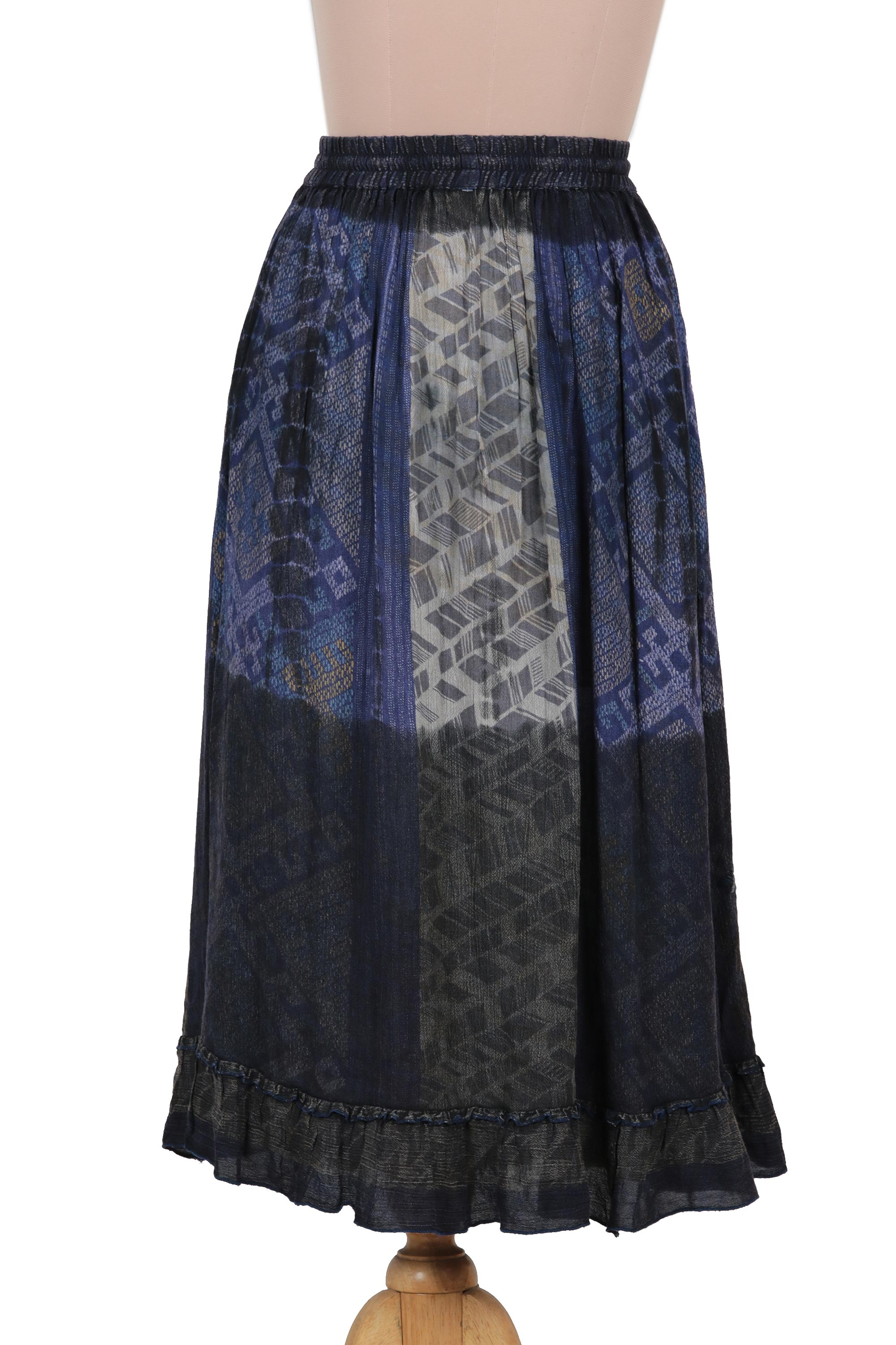 UNICEF Market | Embroidered Rayon Print Peasant Skirt in Blue and Grey ...