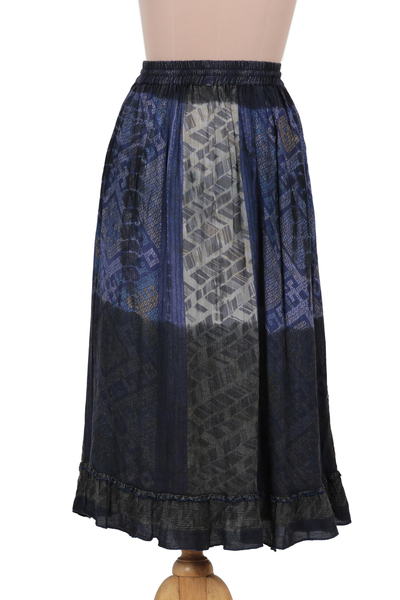 Falda campesina de rayón - Falda campesina con estampado de rayón bordado en azul y gris