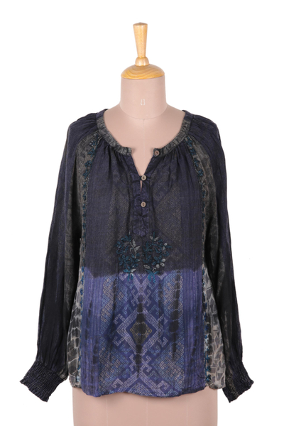 Rayon peasant blouse, 'Tapestry' - Embroidered Rayon Print Peasant Blouse in Blue and Grey