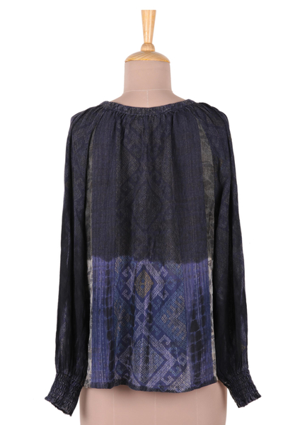 Rayon peasant blouse, 'Tapestry' - Embroidered Rayon Print Peasant Blouse in Blue and Grey