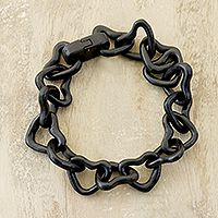 Ebony wood link bracelet, 'Connection of Hearts' - Heart Motif Ebony Wood Link Bracelet from India