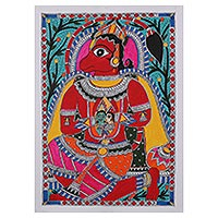 Madhubani painting, 'Majestic Hanuman' - Signed Madhubani Painting of Hanuman from India
