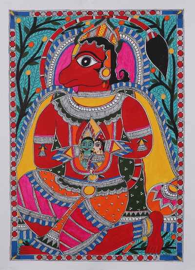 Madhubani painting, 'Majestic Hanuman' - Signed Madhubani Painting of Hanuman from India