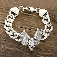 Men's sterling silver pendant bracelet, 'Flight of the Skull' - Men's Winged Skull Sterling Silver Pendant Bracelet